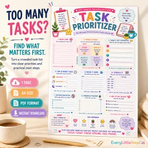 Puede incluir: Una hoja de planificación de priorización de tareas con secciones coloridas para lluvia de ideas, matriz de prioridades, cinco prioridades principales, seguimiento de progreso y revisiones, con el texto "TOO MANY TASKS?" y "TASK PRIORITIZER."