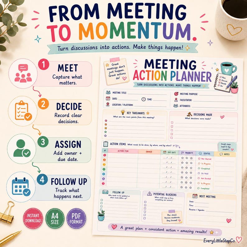 May include: A Meeting Action Planner template featuring sections for meeting details, key takeaways, decisions, and action items. The document includes colorful icons, text fields, and the title Meeting Action Planner with the phrase From Meeting to Momentum.