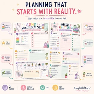 May include: Two pages of a weekly planner titled ADHD Weekly Reality Check, featuring pastel-colored sections for energy forecasting, task lists, and reflections. The layout includes icons of plants, hearts, and stars, with text prompts for planning, prioritizing, and self-care, designed for A4 paper size.