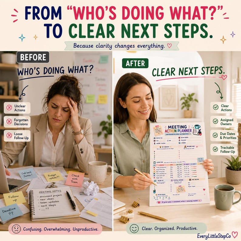 May include: A split-screen comparison graphic titled FROM WHO'S DOING WHAT? TO CLEAR NEXT STEPS. The left side shows a person looking stressed at a desk with scattered notes. The right side shows a person holding a Meeting Action Planner document.