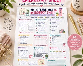 Notfallplan für POTS-Schubtage | POTS-Symptom-Tracker zum Ausdrucken | Selbstfürsorgeplaner für Schubtage | A4-Wellness-Arbeitsblatt | Sofort-Download
