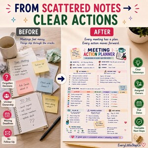 May include: A comparison graphic showing a messy pile of notes labeled BEFORE and a structured Meeting Action Planner document labeled AFTER. The planner includes sections for key takeaways, decisions, action items, and follow-up tasks.