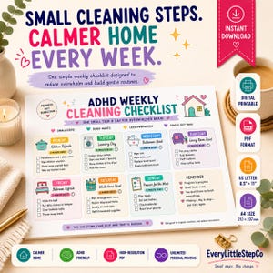 May include: A digital printable ADHD weekly cleaning checklist on white paper with colourful headers for each day of the week. The document includes daily tasks, checkboxes, and motivational text like Progress Not Perfection. It is A4 size, 210 mm by 297 mm.