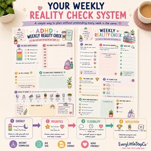 May include: Two printed planner sheets titled Your Weekly Reality Check System, ADHD Weekly Reality Check, and Weekly Reality Check. The pages feature colorful sections for energy forecasting, weekly planning, top focuses, and reflections with icons.