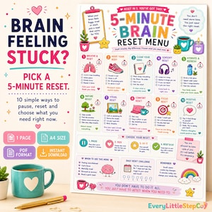 Könnte beinhalten: Ein 5-Minuten-Gehirn-Reset-Menü-Poster mit farbenfrohen Illustrationen und Text. Die Tabelle listet zehn Aktivitäten wie Atmen, Bewegen und sensorische Resets auf. Es enthält Abschnitte zur Auswahl eines Resets, tägliche Herausforderungen und Erinnerungen, alles präsentiert in einem hellen, freundlichen Design mit Symbolen von Herzen, Sternen und Pflanzen.