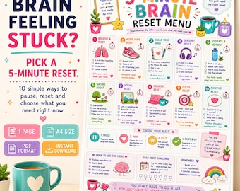 5 Minute Brain Reset Printable, Brain Reset Menu, Quick Reset Worksheet, A4 PDF