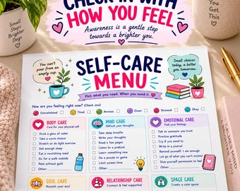 Self-Care Menu Printable | Wellness Checklist, Daily Planner (Digital Download)