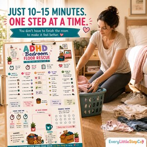 Op de afbeelding: Een klembord met een ADHD Bedroom Floor Rescue gids met kleurrijke tekst, iconen en checklists. De kaart bevat secties voor missies, een reddingsmand, kleine overwinningen, een voortgangstracker en een beloningsruimte op een witte achtergrond.