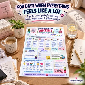 K&ouml;nnte beinhalten: Ein Executive Function Checklist Papierleitfaden mit farbigen Abschnitten f&uuml;r Planung, Fokus und Organisation. Das Dokument enth&auml;lt Text&uuml;berschriften, Kontrollk&auml;stchen sowie Illustrationen von Pflanzen und einem Gehirn, umgeben von einer Kaffeetasse.