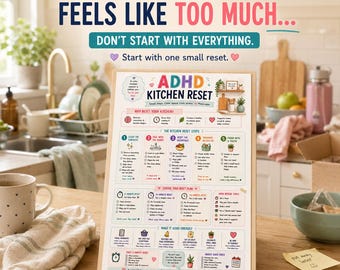 ADHD Kitchen Reset Printable, Kitchen Cleaning Checklist, 5 15 30 Minute Reset, Home Organization A4 PDF