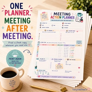 May include: A Meeting Action Planner document featuring sections for key takeaways, decisions made, action items, follow-up, potential blockers, and meeting review. The page includes colorful icons, text, and a mug with the text Plan. Discuss. Decide. Do.
