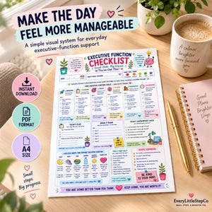 K&ouml;nnte beinhalten: Ein wei&szlig;er Planungsbogen mit dem Titel Executive Function Checklist, der bunte Illustrationen und Textabschnitte f&uuml;r t&auml;gliche Aufgaben, Gewohnheiten und Erinnerungen enth&auml;lt. Das Dokument umfasst Bereiche wie Today's Plan, Break It Down und Tools That Help zur Organisation von Zielen.