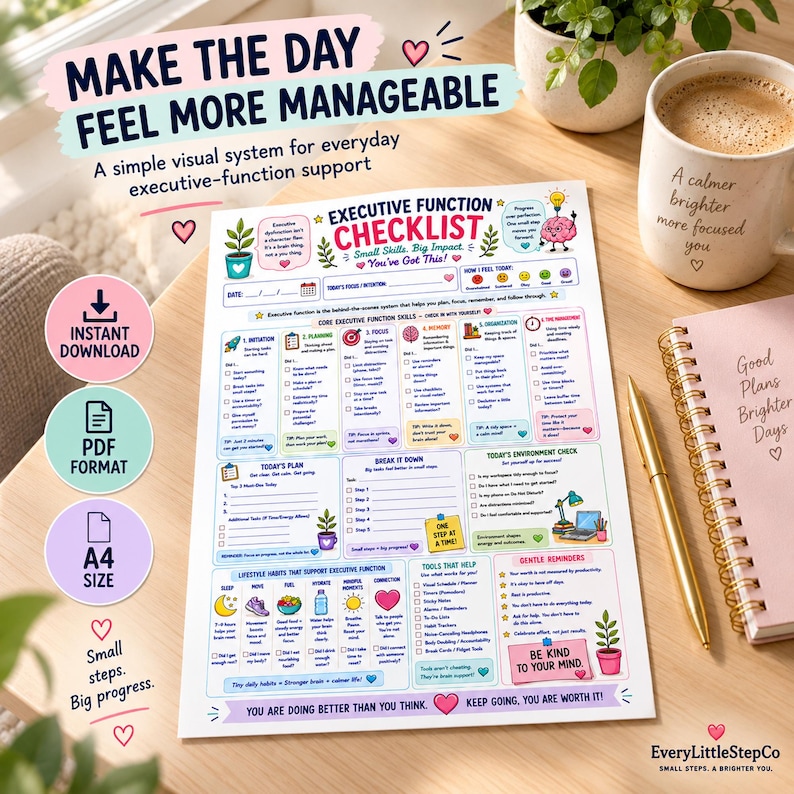 K&ouml;nnte beinhalten: Ein wei&szlig;er Planungsbogen mit dem Titel Executive Function Checklist, der bunte Illustrationen und Textabschnitte f&uuml;r t&auml;gliche Aufgaben, Gewohnheiten und Erinnerungen enth&auml;lt. Das Dokument umfasst Bereiche wie Today's Plan, Break It Down und Tools That Help zur Organisation von Zielen.