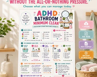 ADHD Bathroom Cleaning Printable, Minimum Clean Checklist, 5 10 15 Minute Bathroom Reset, A4 PDF