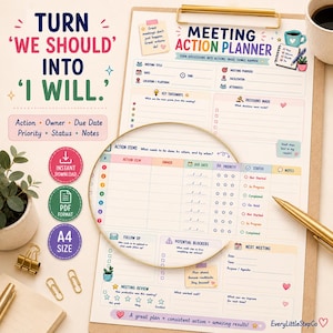 May include: A Meeting Action Planner document on a clipboard with a gold clip. The form includes sections for meeting details, key takeaways, decisions, action items, follow-up, blockers, and next meeting. It features colorful icons and text.