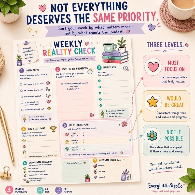 May include: A Weekly Reality Check planner sheet featuring sections for brain checks, unexpected events, flexible planning, and reflections. The design includes colorful icons, motivational text, and a three-level priority system with heart, star, and flower symbols.