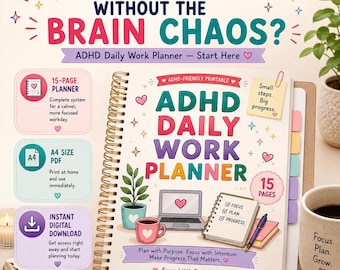 ADHD Daily Work Planner Printable | ADHD Productivity Planner | Focus & Time Management | Brain Dump | A4 Digital Download
