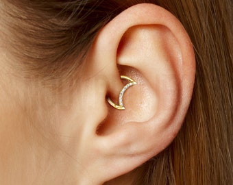 Crystal Crescent Moon Daith Piercing, 16G/18G Hoop Earring