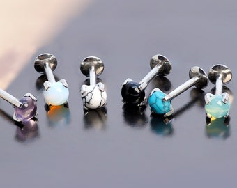 Opal Labret Stud, 16ga Internally Threaded, Surgical Steel Stone Prong