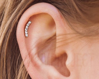1pc Lined CZ Curved Top on Internally Threaded 316L Surgical Steel bar Flat Back Studs Helix Piercing Cartilage stud earrings