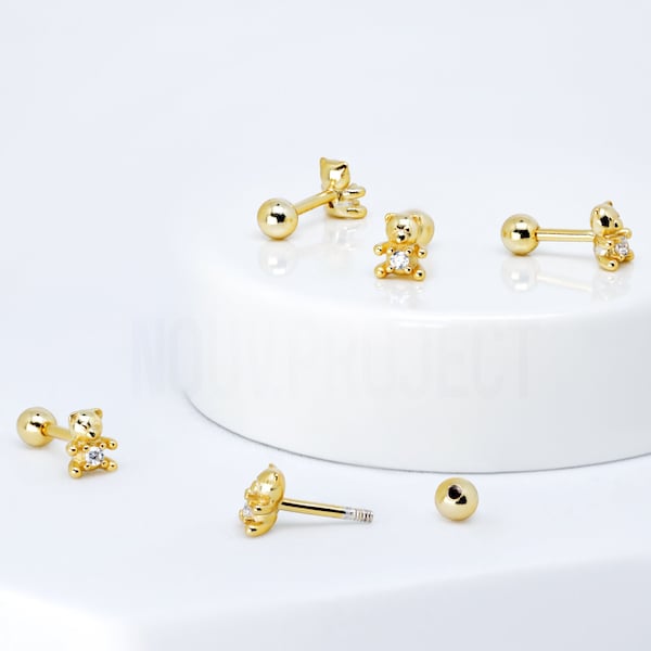 Small Bear Tiny Cute earring 18K Gold Plated 925 Sterling Silver Simple Stud Piercing CZ cubic Adorable Teddy Bear Stud