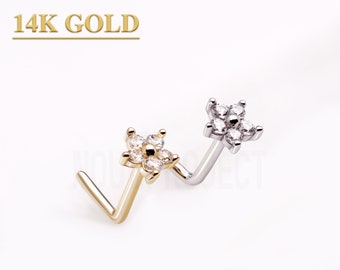 14K Gold Flower Nose Ring, CZ Stud, L Bend (20GA)