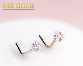 14K Gold Triangle CZ Nose Ring, 20GA L Bend Nose Stud