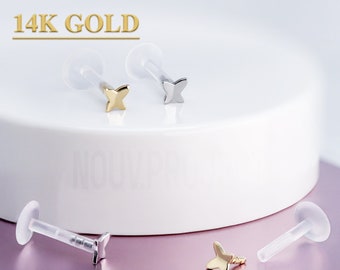 14K Gold Butterfly Labret, Tiny 3D Push-In Bio-Flex Piercing (16GA, 8mm)