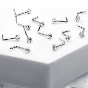1pc 18GA / 20GA Titanium Nose Ring Stud, 3mm Prong-Set, Triangle Cubic Zirconia Clear Gem, L Shape Bend Nose ring Implant Grade
