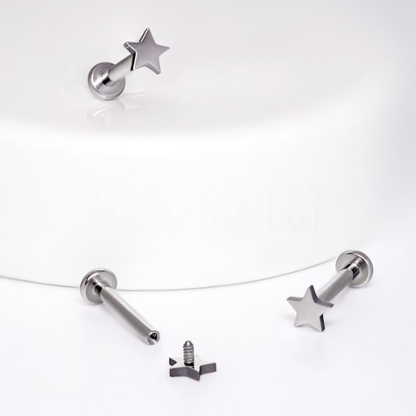 Implant Grade Titanium Internally Threaded 8mm Labret Studs with Star Top Flat Stud