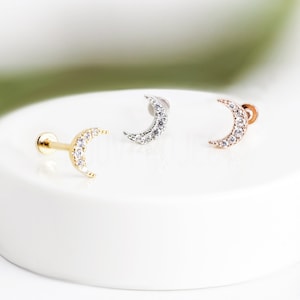 CZ Crescent Moon Internal Threaded Flat Back Labret, Tragus, Cartilage, Piercing, Stud Earrings 16GA 6mm / 8mm