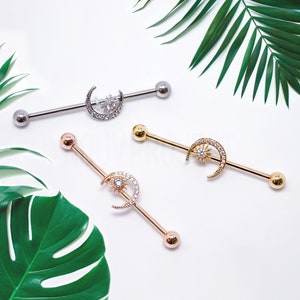Crescent Moon & Star Industrial Barbell – 14GA Surgical Steel Body Piercing