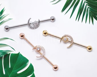Crescent Moon & Star Industrial Barbell – 14GA Surgical Steel Body Piercing