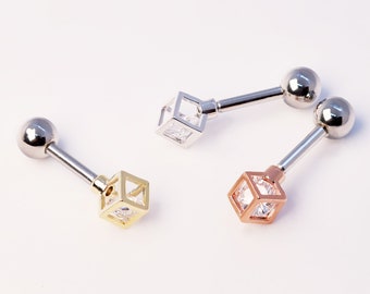 Geometric Cube CZ Cartilage Earring, 16GA Surgical Steel Helix Piercing