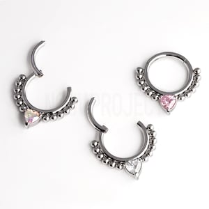 1pc 316L Surgical Stainless Steel 16Ga 8mm Heart Crystal CZ Hinged Hoop Segment Ring Daith Earring Septum Clicker Conch Earring Septum Ring