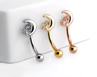 1pc Crescent Moon w/Crystal Eyebrow rings barbell piercing Curved Barbell daith, rook, cartilage Eyebrow jewelry 316L Stainless Steel
