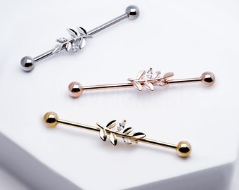 CZ Leaf Industrial Barbell, 14ga Surgical Steel Scaffold Piercing