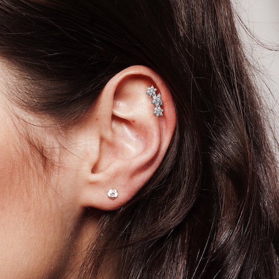 Curved Triple Flower CZ Stud, 16g Helix Ear Piercing - Etsy