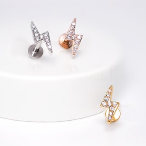 1pc Lightning Bolt Top CZ on Internally Threaded 316L Surgical Steel Flat Back Studs for Cartilage Helix Tragus 16ga 316L Surgical Steel