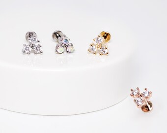 1pc Tiny Three CZ Stud Internally Threaded 16ga 316L Surgical Steel bar Flat Back Studs Trinity CZ gem Tragus, Lip labret, Cartilage, Helix
