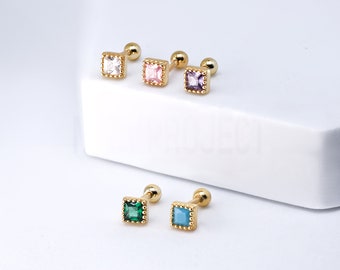 1pc 18k Gold plated fashion jewelry square zircon piercing tiny stud 925 Sterling Silver Geometric Square CZ Gem 20gauge stud