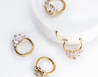 1pc 14kt Gold Plated 16Gauge Piercing Ear Hoop Ear Daith Ear Piercing Hinged Clicker Hoop Segment Ring with CZ Gem 16GA 316L Stainless Steel
