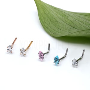 1pc 316L Surgical Steel Prong Set Marquise Gem Sparkle L-Shaped Nose Ring - 316L Surgical Steel Marquise CZ Nose Ring Nose Stud L Bend Nose