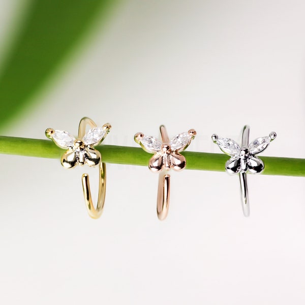 Butterfly Bendable Pierced Nose Cartilage Hoop Ring Butterfly Marquise Sparkle CZ Bendable Hoop Ring Gold Rose Gold Silver Color 20GA