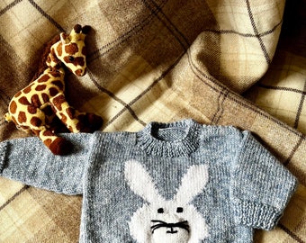 Baby Boys Rabbit Jumper. Marled blue colour, rabbit with raised detail. Age 0-3 months.