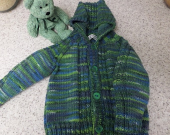 Baby boy Hooded cardigan with rib detail. Age  3-6 months, green marl wool mix.