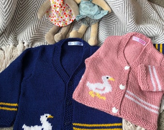 Baby cardigan, duck detail with stripes. Ready now, Newborn/preemie in pink,  6-12 months in navy blue.