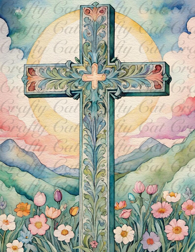Peut inclure: Une peinture &agrave; l'aquarelle d'une croix bleue et verte avec des motifs floraux complexes. La croix est plac&eacute;e sur un fond de coucher de soleil sur des montagnes et un champ de fleurs color&eacute;es.