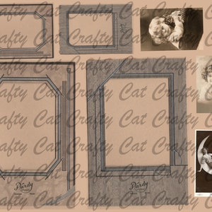 May include: A vintage collage of eight images featuring various antique photo frames with a brown wood finish and a silver border. The frames are arranged in a grid pattern on a beige background. The frames are empty, but there are several vintage photographs of people in the background.