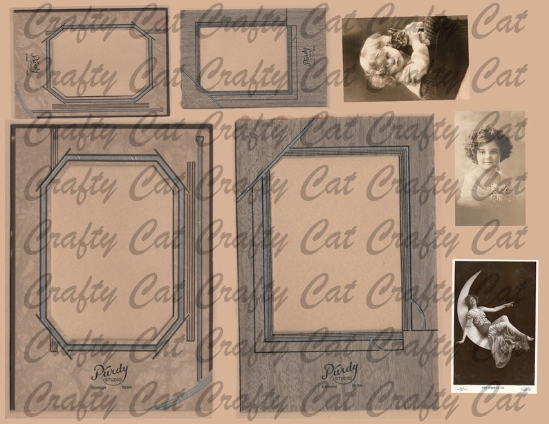 May include: A vintage collage of eight images featuring various antique photo frames with a brown wood finish and a silver border. The frames are arranged in a grid pattern on a beige background. The frames are empty, but there are several vintage photographs of people in the background.